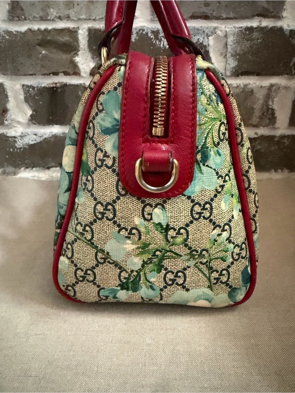 Gucci Floral GG Supreme Canvas Satchel with Red Leather Trim
